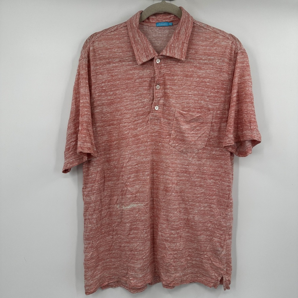 J‎ McLaughlin Mens Coral Stripe Linen Blend Short Sleeve Polo Shirt Size Medium
